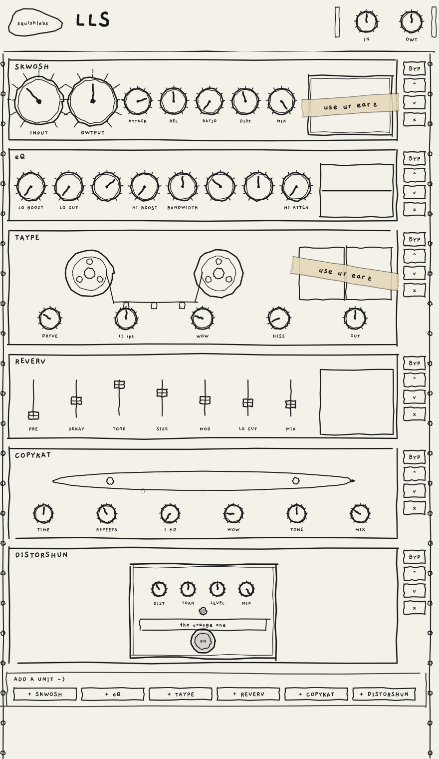 the LLS rack, six hand-drawn audio units